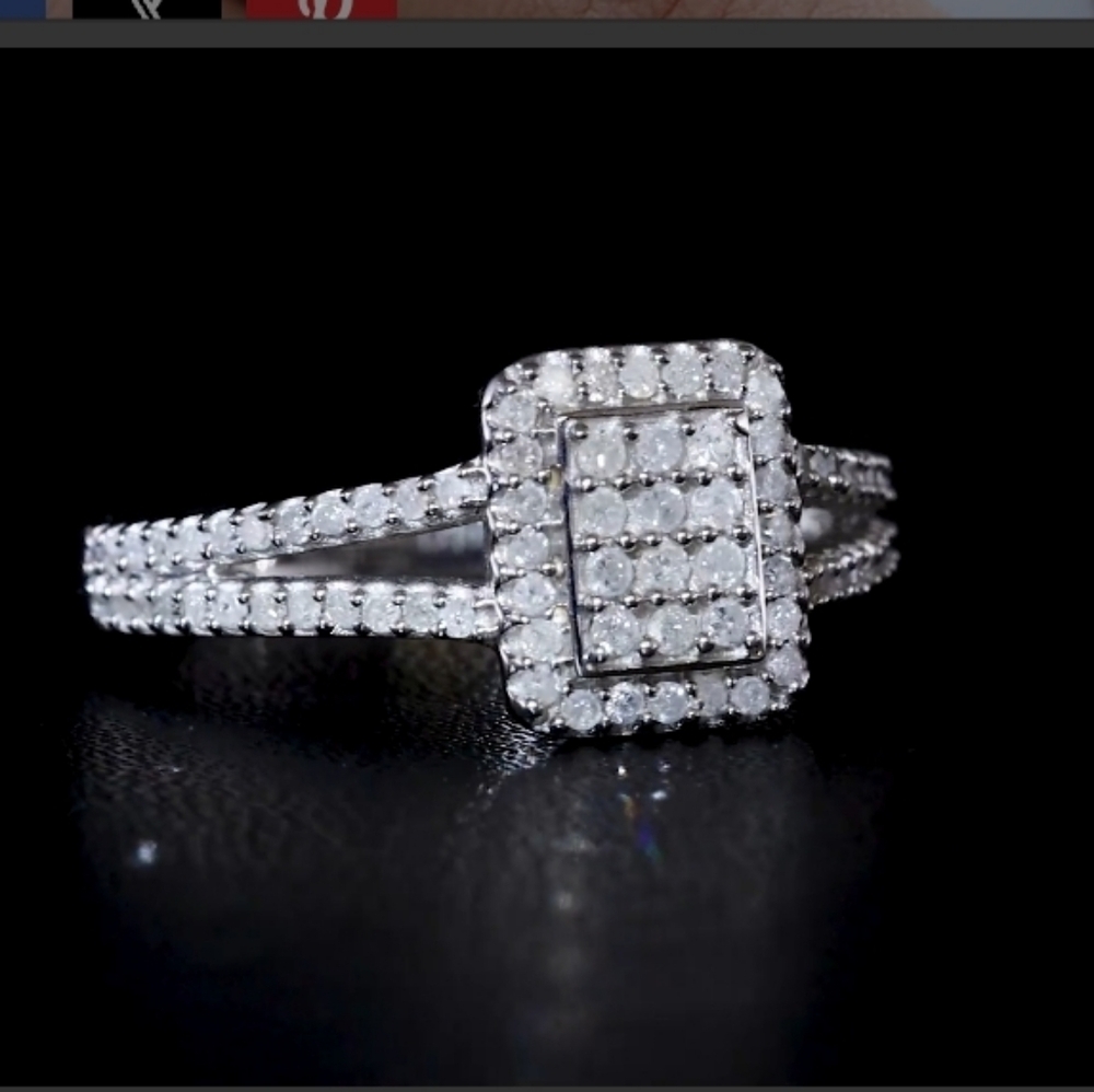Platinum Plated Natural Diamond Split Shank Cluster Ring Sz 8